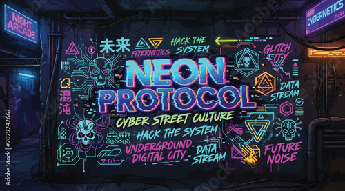 Canvastavla Neon protocol cyber street culture wall art with glowing graffiti, digital symbo