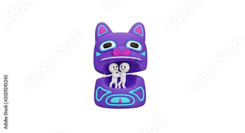 Two white characters trapped inside a purple monster mouth