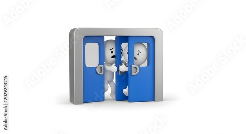Sad characters squeezing through double blue doors
