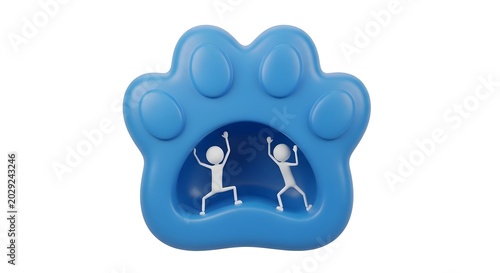 White stick figures inside a large blue paw print