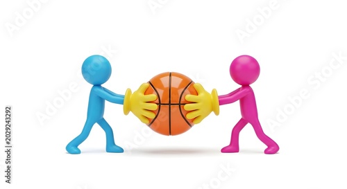 Two colorful figures competing for a basketball