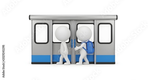 White characters boarding a train with a blue backpack