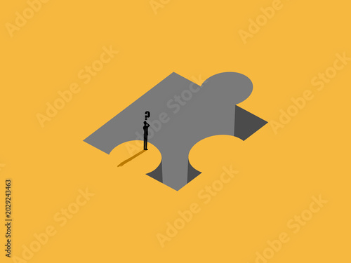 Photos businessman stood bewildered on the edge of a black hole, like a jigsaw puzzle,
