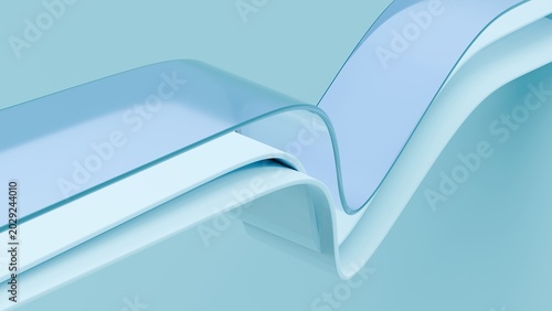 Abstract wavy curved 3d render. Blue and white layers of plastic with lines, folds, ruffles. Modern wallpaper, texture pattern.