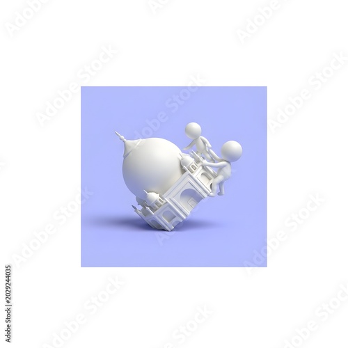 Two white figures pulling a miniature temple on blue background