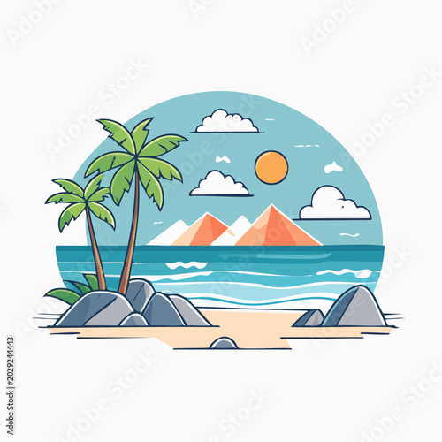 Tropical Island Beach Scene with Palm Trees and Mountains