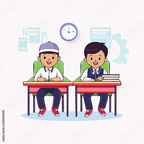 Two boys in classroom studying at desks