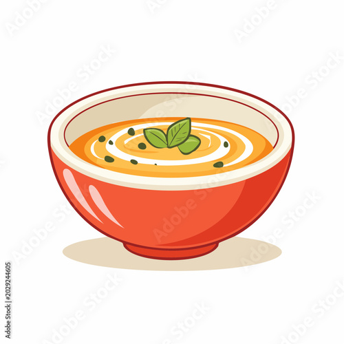 Bowl of Creamy Orange Soup with Basil Garnish