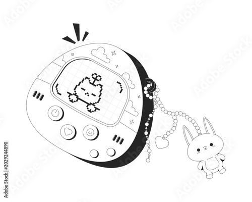 Retro Y2K virtual pet device with cute bunny charm 2D line object. Nostalgic gaming with pixel cat. Kawaii technology toy isolated clipart vector outline item. Black and white spot illustration