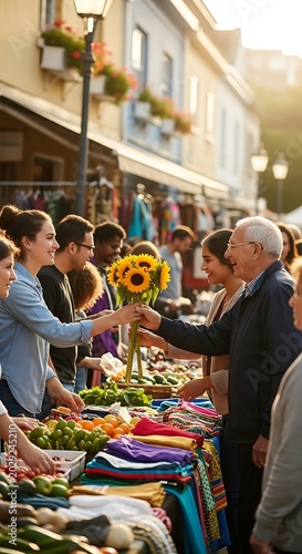 Friendly vendor handing a sunflower bouquet to an elderly customer at a vibrant outdoor farmers market.