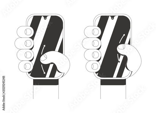 Phone scrolling thumb gesture in vertical mode line neo brutalism tutorial graphic. Swiping screen. Cellphone interaction. Smartphone feature. App UI design. Black and white flat illustration
