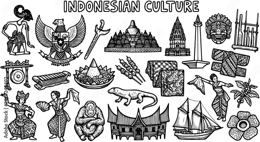 Obraz premium Indonesian Culture Black and White Line Art Hand-drawn Illustration Set. Iconic Symbols, Landmarks, and Traditions from Indonesia in Doodle Style.