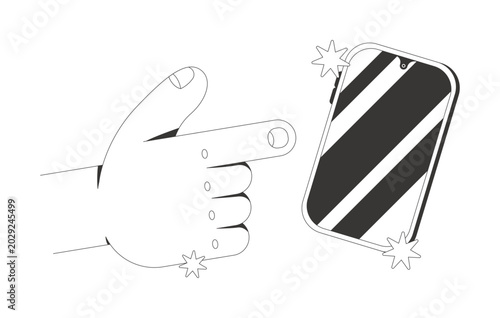 Pointing finger toward blank phone screen line neo brutalism tutorial graphic. Forefinger touchscreen. Cellphone interaction. Smartphone feature. App UI design. Black and white flat illustration