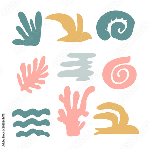 Abstract organic symbols set with coral waves and spiral shapes