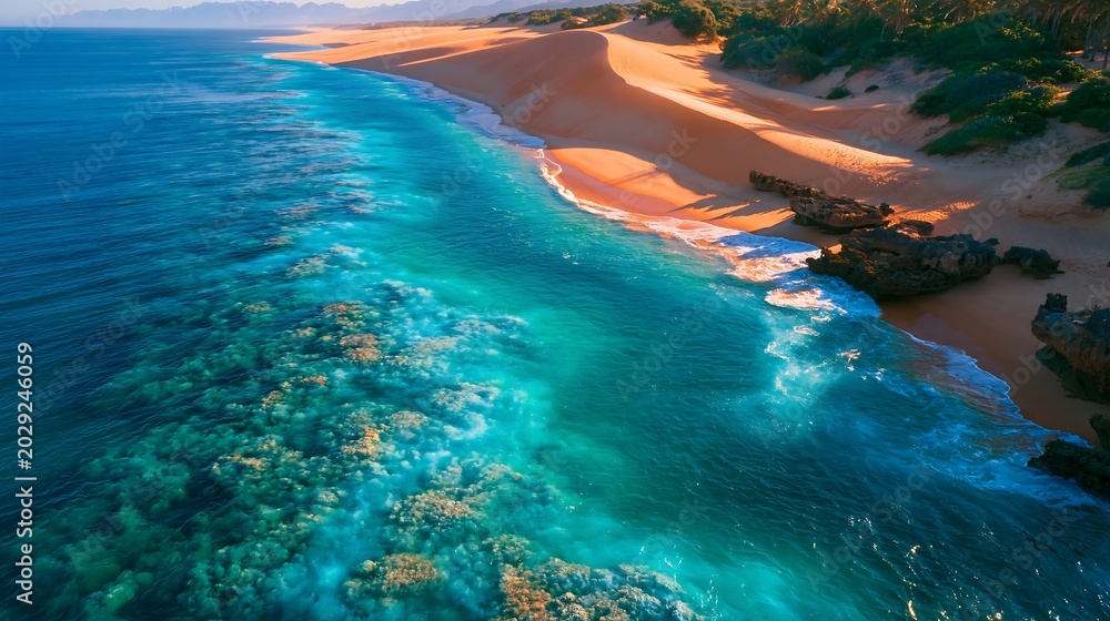Obraz premium Aerial view of turquoise ocean meeting golden sand dunes in Bazaruto