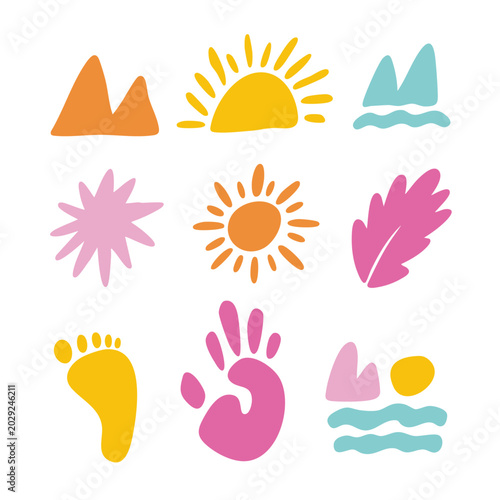 Abstract nature symbols set with sun mountains waves footprints and leaves