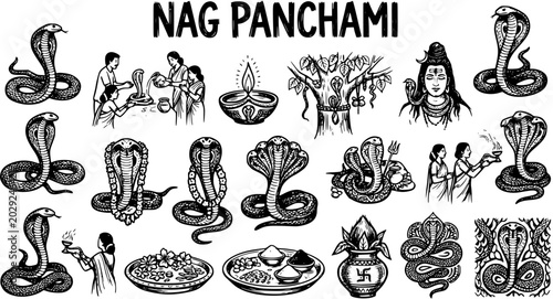 Fotografi Nag Panchami Hindu Festival Black and White Line Art