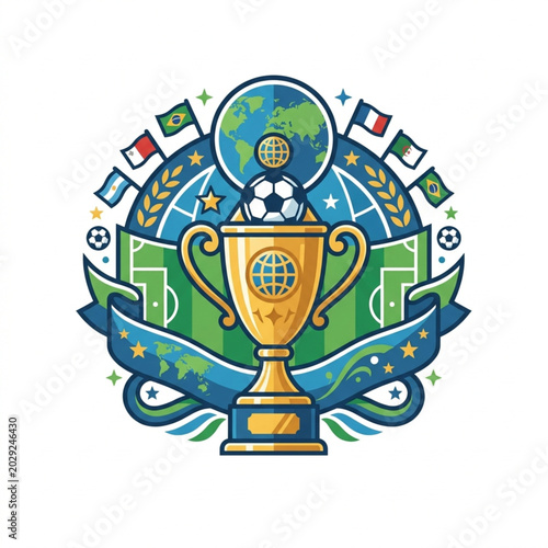 Golden Soccer Trophy with World Flags and Globe.