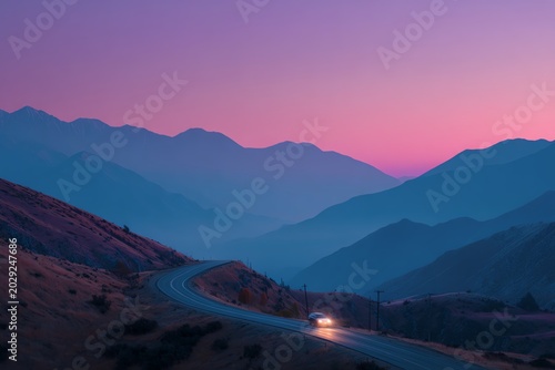 Scenic mountains at sunset with winding road.