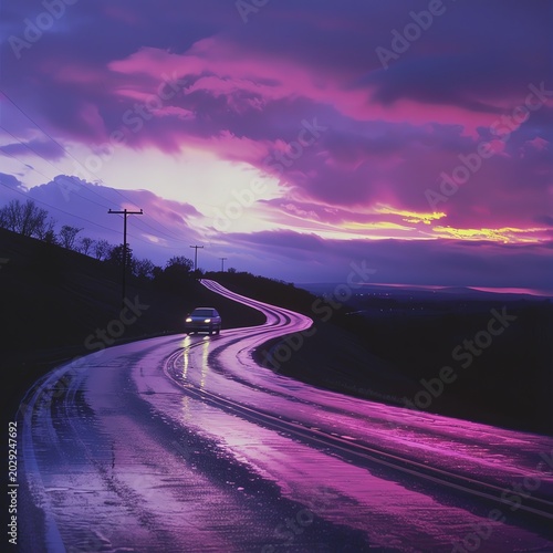 A car driving on a winding, colorful road.