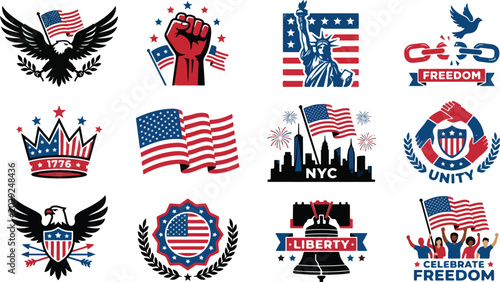 Foto Patriotic American Independence Day Badges and Icons Set with Eagle, Flag, Statu