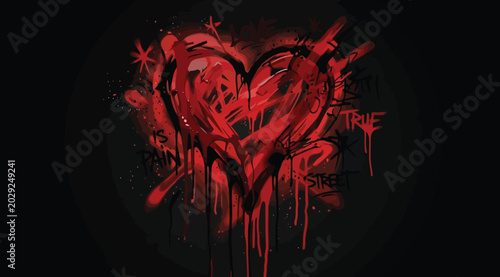 Fotografie Grungy red heart graffiti symbol with dripping paint and distressed texture