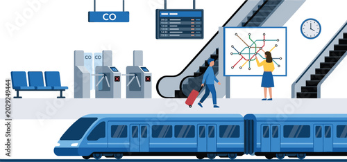 Modern Subway Station Vector Illustration with Train, Escalator, Passengers, Ticket Gates, and Public Transportation Concept