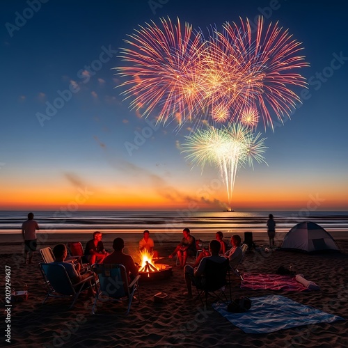 Friends enjoying a beach bonfire party with fireworks at sunset.