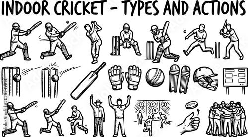 Obraz na płótnie Black and White Line Art of Indoor Cricket Types and Actions with Players, Bats,