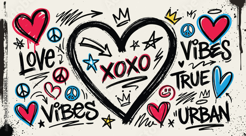 Fotografie Graffiti art background featuring a large central heart with xoxo text, surround