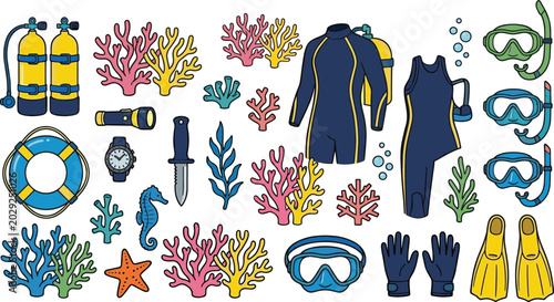 Bild auf Leinwand Colorful Scuba Diving Equipment and Coral Reef Vector Collection with Wetsuit, S