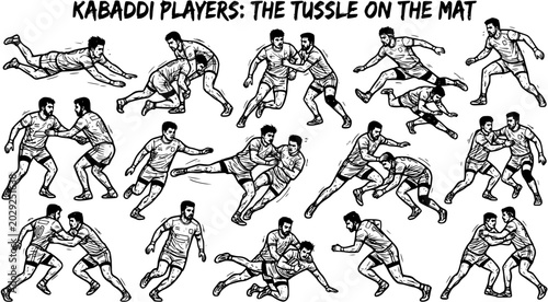 Cuadro en lienzo Dynamic Kabaddi Players Sports Action Line Art Illustration Set: Intense Tussle