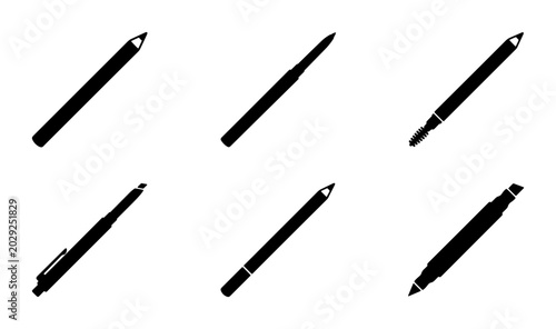 Принти на полотні Six Black Silhouette Pens and Pencils, Writing Tools Collection, Stationery Icon