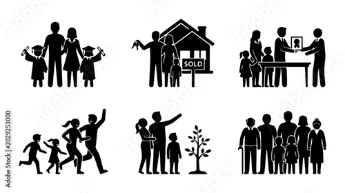Bild auf Leinwand Family Life Milestones Vector Icons: Graduation, Homeownership, Career, Recreation, Growth, Generations