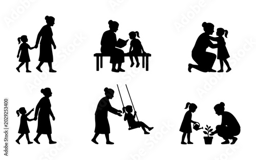 Tableau sur toile Grandmother and Child Silhouette Set: Cherished Moments, Family Bonds, Outdoor A