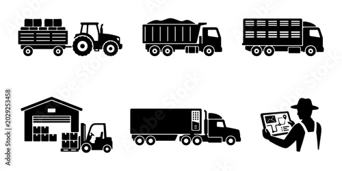 Tableau sur toile Agricultural and Logistics Transport Icons: Tractor, Trucks, Forklift, Warehouse