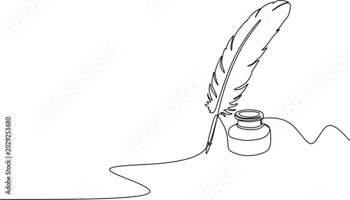 Continuous one line drawing of vintage feather quill pen with inkwell bottle retro literature contract writing history vector illustration.
