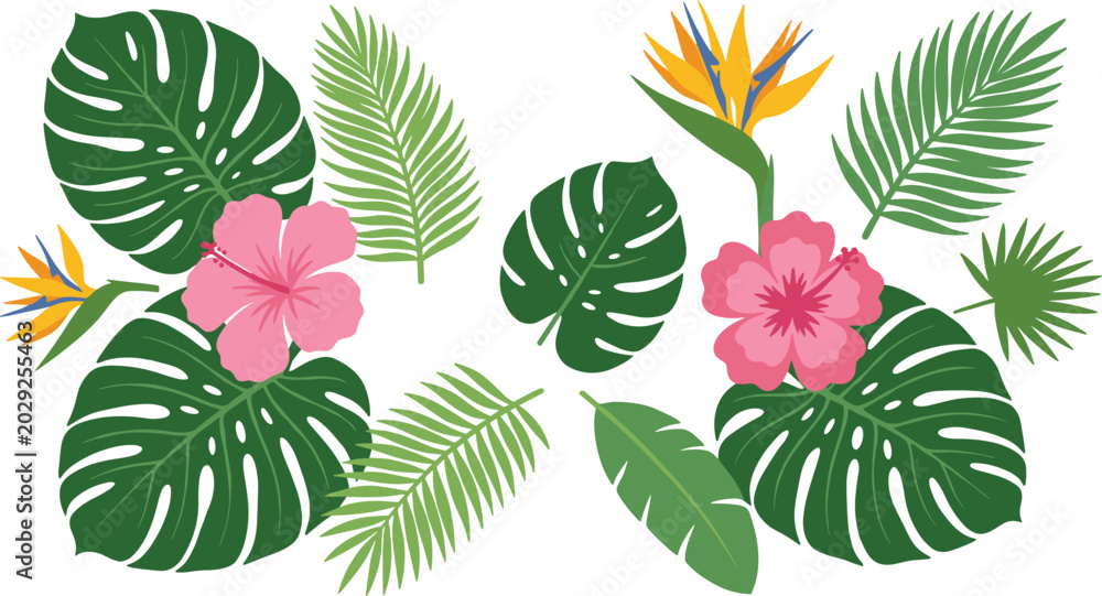 Fototapeta premium Tropical Leaves and Exotic Flowers Vector Collection with Monstera, Palm Fronds, Hibiscus, and Bird of Paradise Botanical Elements