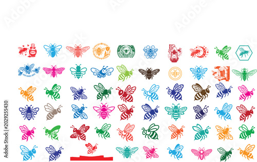 Honey bee set. Set of honey and bee labels for honey logo products. Honey bee silhouette collection vector illustration. Set of abstract modern graphic bees on white background. 
