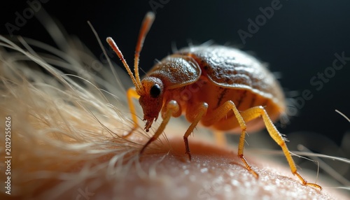 Tiny orange insect crawls on human skin hair closeup. Parasite on scalp causes itching and infection. Medical macro shot of ectoparasite and dermatology.