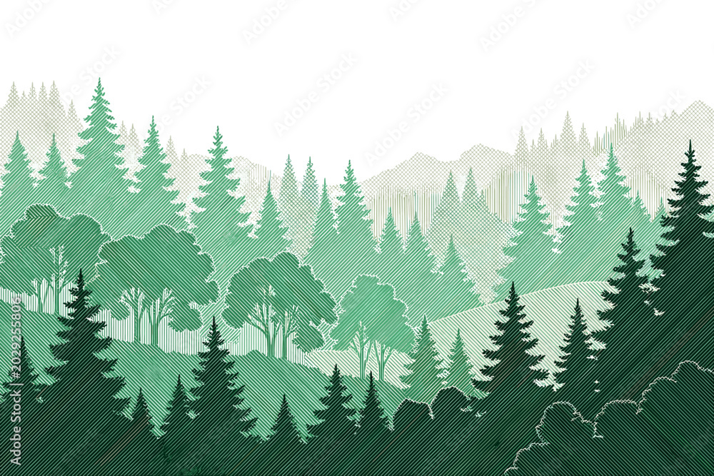 Obraz premium Stylized evergreen forest landscape with rolling hills and distant mountains
