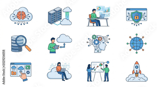 Collection of technology and data icons representing cloud computing and AI.