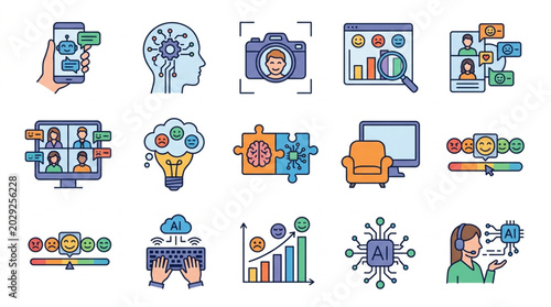 Collection of Technology and Business Icons Representing Innovation and Data.