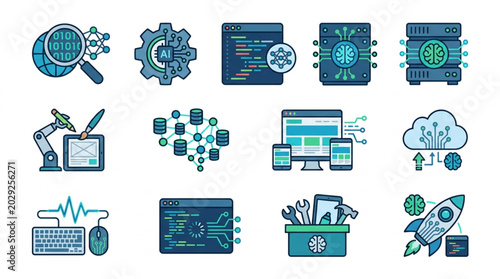Collection of Technology and Coding Icons for Digital Innovation.