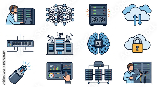 Collection of technology and computer icons for digital services.