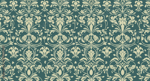 Elegant vintage damask design with repeating floral and scrollwork patterns