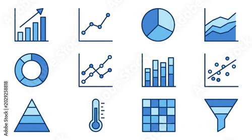 Collection of various business and data charts and graphs icons.