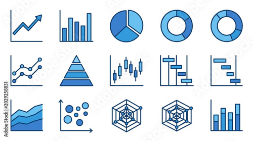 Collection of various blue financial and business charts and graphs.
