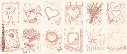 Romantic vintage illustrations of hearts, flowers, and romantic scenes