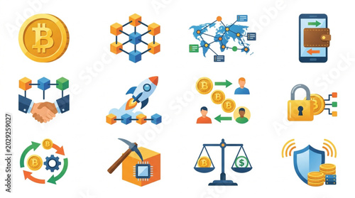 Cryptocurrency and Blockchain Technology Icons Set.